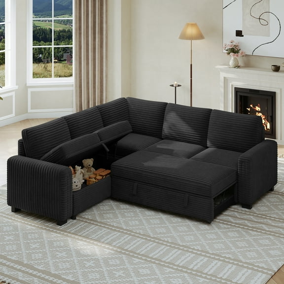 Neche Sectional Sofa with Storage Seat L Shaped Couch with Reversible Chaise Convertible Sectional Couches for Living Room, Black