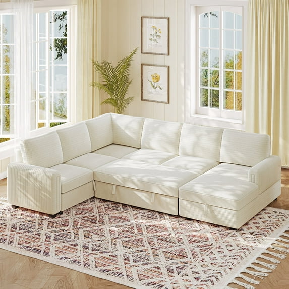 Neche Home Plush Corduroy Sleeper Sofa Bed with Reversible Storage Chaise, Pull Out Couch Bed, U Shaped Sectional Couches for Living Room, Apartment, White
