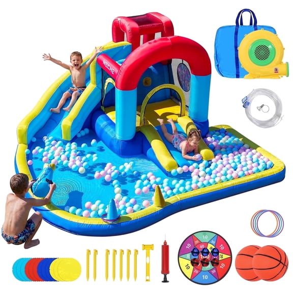 Neche Inflatable Water Slide, 106.59" x105.77" x54.78"Large Bounce House,Indoor/Outdoor Kids Bouncy Castle with 370W Blower