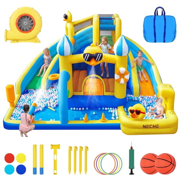 Neche Giant Duck-Themed Inflatable Water Slide Bounce House, 190.94" x 175.19" x 93.7", 750W Blower, holds up to 5 Kids Ages 3-8, Max Weight 500lbs, Indoor & Outdoor Use