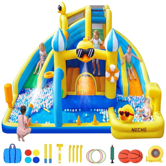 Neche Giant Duck-Themed Inflatable Water Slide Bounce House, 15.91 x 14.59 ft, 750W Blower, holds up to 5 Kids Ages 3-8, Max Weight 500lbs, Indoor & Outdoor Use