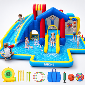 Neche Inflatable Water Slide with 550W Blower, Bounce House with Dual Slides, Splash Pool, Backyard Water Park for Kids Ages 3-8, 500 lbs Capacity