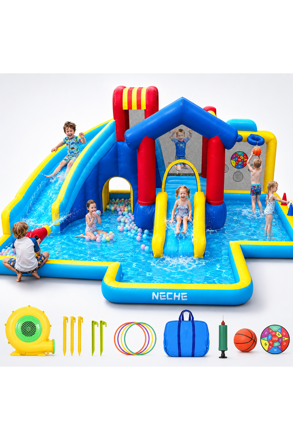 Inflatable Water Slide with 550W Blower, Bounce House with Dual Slides, Splash Pool, Backyard Water Park for Kids Ages 3-8, 500 lbs Capacity