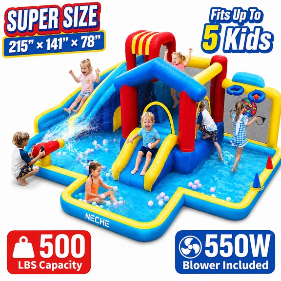 Neche Inflatable Water Slide Park with 550W Blower, Bounce House with Dual Slides, Splash Pool, Water Cannon & Basketball Hoop, Backyard Water Park for 5 Kids Ages 3-8, 500 lbs Capacity