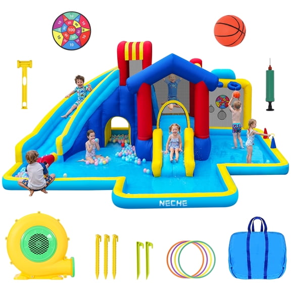 Neche Giant Inflatable Water Slide Bounce House, 215.35"×141.73"×78.74", 550W Blower, Outdoor Backyard, holds up to 4 Kids 3-8, Max Weight 396lbs