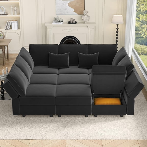 Neche Modular Sofa Bed with Storage, 92" Sleeper Sofas with 9 Seats Storage Chaises Removeble Cover, Luxury Large Velvet Sectional Couch Set for Living Room, Apartment, Home Theatre, Black
