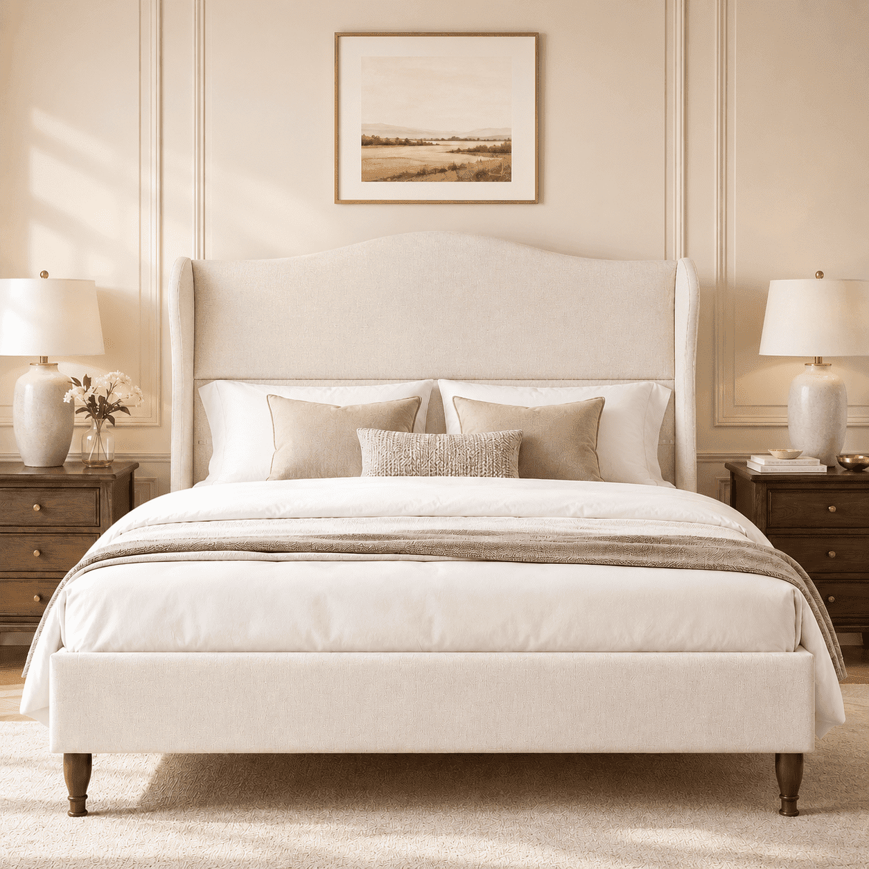 Neche Queen Upholstered Platform Bed Frame - 51" Tall Curved Wingback, Soft Fabric, Retro Sleigh Style, No Box Spring Needed, Easy Assembly, Beige