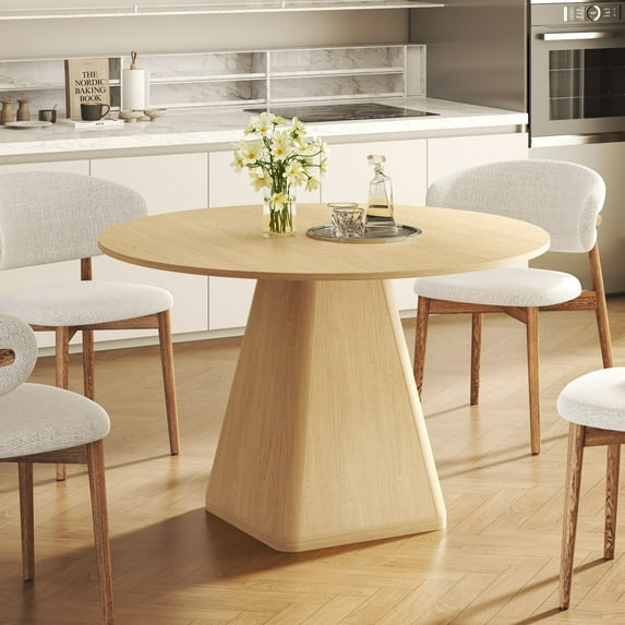 47" Round Dining Table for 4, Modern Farmhouse Kitchen Table with Triangular Wood Base, for Kitchen Living Room Dinning Room, Oak