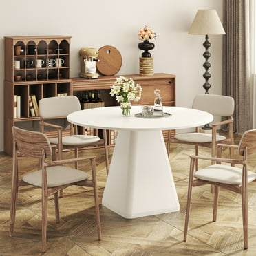 Neche Round Dining Table, Modern Farmhouse Kitchen Table, 47" Dinning Room Tables for 4 with Triangular Wood Base for Kitchen Living Room (White)