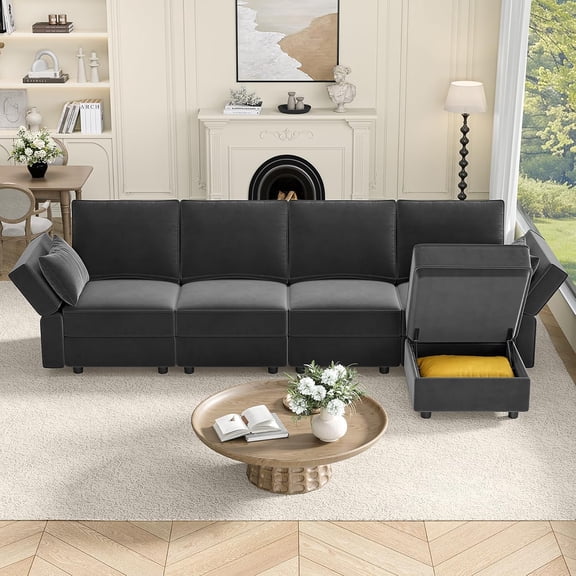 Neche Sectional Couches with Storage Seats, 118" L Shaped Convertible Modular Sectional Sofa, 4 Seat & 1 Ottoman Velvet Storage Chaises Deep Seat Couch for Living Room, Bedroom, Apartment, Gray