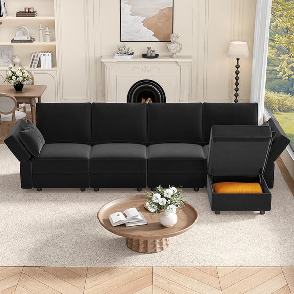 Neche Sectional Couches with Storage Seats, 118" L Shaped Convertible Modular Sectional Sofa, 4 Seat & 1 Ottoman Velvet Storage Chaises Deep Seat Couch for Living Room, Bedroom, Apartment, Black