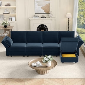 Neche Sectional Couches with Storage Seats, 118" L Shaped Convertible Modular Sectional Sofa, 4 Seat & 1 Ottoman Velvet Storage Chaises Deep Seat Couch for Living Room, Bedroom, Apartment, Blue