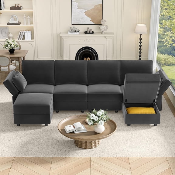 Neche Sectional Couches with Storage Seats, 118" L Shaped Convertible Modular Sectional Sofa, 4 Seat & 2 Ottomans Velvet Storage Chaises Deep Seat Couch for Living Room, Bedroom, Apartment, Gray