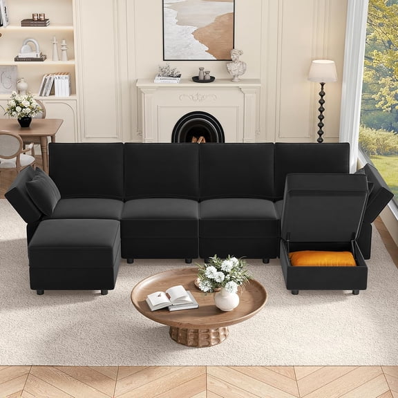 Neche Sectional Couches with Storage Seats, 118" L Shaped Convertible Modular Sectional Sofa, 4 Seat & 2 Ottomans Velvet Storage Chaises Deep Seat Couch for Living Room, Bedroom, Apartment, Black