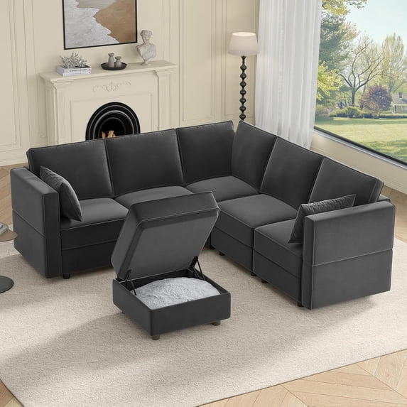 Neche Sectional Couches with Storage Seats, 92" L Shaped Convertible Modular Sectional Sofa, 5 Seat & 1 Ottoman Velvet Storage Chaises Deep Seat Couch for Living Room, Bedroom, Apartment, Gray