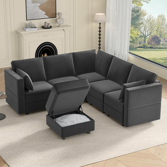 Neche Sectional Couches with Storage Seats, 92" L Shaped Convertible Modular Sectional Sofa, 5 Seat & 1 Ottoman Velvet Storage Chaises Deep Seat Couch for Living Room, Bedroom, Apartment, Gray