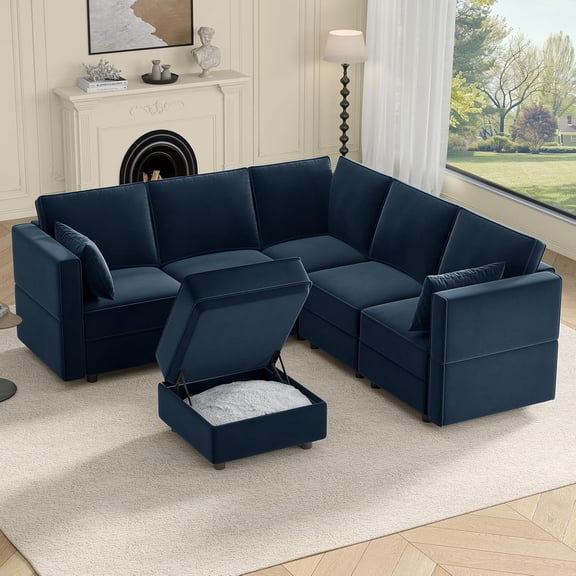 Neche Sectional Couches with Storage Seats, 92" L Shaped Convertible Modular Sectional Sofa, 5 Seat & 1 Ottoman Velvet Storage Chaises Deep Seat Couch for Living Room, Bedroom, Apartment, Blue