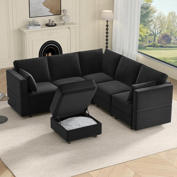 Neche Sectional Couches with Storage Seats, 92" L Shaped Convertible Modular Sectional Sofa, 5 Seat & 1 Ottoman Velvet Storage Chaises Deep Seat Couch for Living Room, Bedroom, Apartment, Black