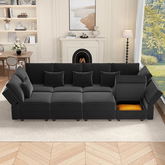 Neche Sectional Sleeper Sofas with Storage, 118" Sofa Bed with 8 Seats Storage Chaises Removeble Cover, Deep Seat Modular Couches Velvet Couch Set for Living Room, Apartment, Home Theatre, Black