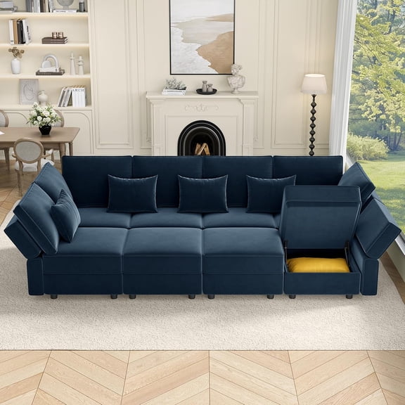 Neche Sectional Sleeper Sofas with Storage, 118" Sofa Bed with 8 Seats Storage Chaises Removeble Cover, Deep Seat Modular Couches Velvet Couch Set for Living Room, Apartment, Home Theatre, Blue