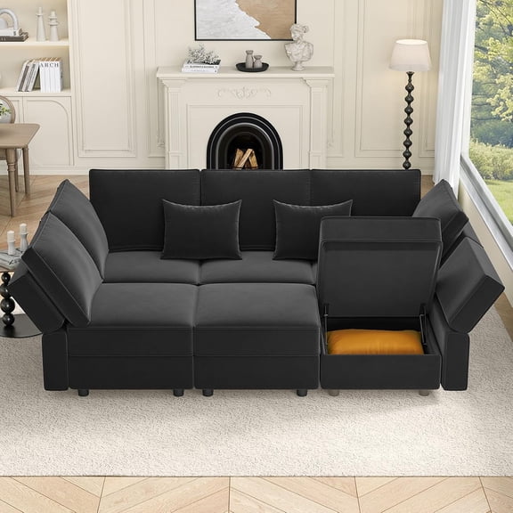 Neche Sectional Sleeper Sofas with Storage, 92" Sofa Bed with 6 Seats Storage Chaises Removeble Cover, Deep Seat Modular Couches Velvet Couch Set for Living Room, Apartment, Home Theatre, Black