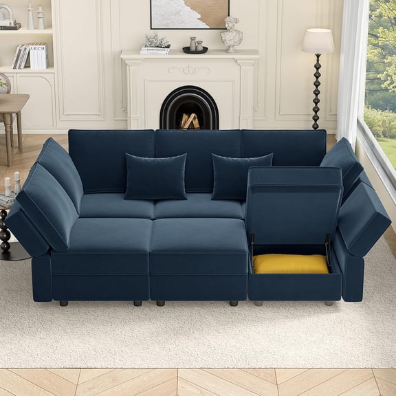 Neche Sectional Sleeper Sofas with Storage, 92" Sofa Bed with 6 Seats Storage Chaises Removeble Cover, Deep Seat Modular Couches Velvet Couch Set for Living Room, Apartment, Home Theatre, Blue