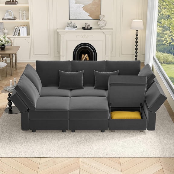 Neche Sectional Sleeper Sofas with Storage, 92" Sofa Bed with 6 Seats Storage Chaises Removeble Cover, Deep Seat Modular Couches Velvet Couch Set for Living Room, Apartment, Home Theatre, Gray
