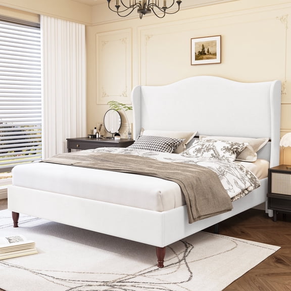 Neche King Upholstered Platform Bed Frame - 51" Tall Curved Wingback, Soft Fabric, Retro Sleigh Style, No Box Spring Needed, Easy Assembly, White
