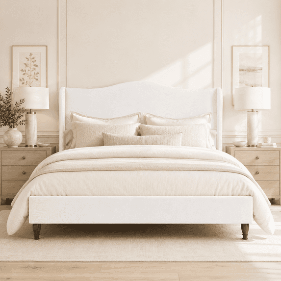Neche Queen Upholstered Platform Bed Frame - 51" Tall Curved Wingback, Soft Fabric, Retro Sleigh Style, No Box Spring Needed, Easy Assembly, White