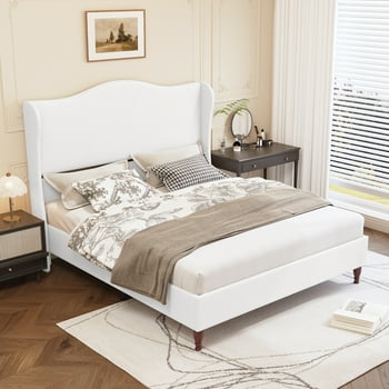 Neche Queen Upholstered Bed Frame with 51" Tall Headboard Classic Curved Wingback Platform Bed with Soft Fabric, Retro Simple Sleigh Bedframe No Box Spring Needed/Easy Assembly, White