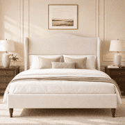 Neche Queen Upholstered Platform Bed Frame - 51" Tall Curved Wingback, Soft Fabric, Retro Sleigh Style, No Box Spring Needed, Easy Assembly, Beige