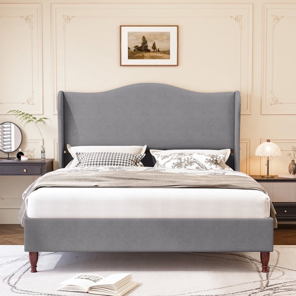 Neche Full Upholstered Bed Frame with 51" Tall Headboard Classic Curved Wingback Platform Bed with Soft Fabric, Retro Simple Sleigh Bedframe No Box Spring Needed/Easy Assembly, Light Grey