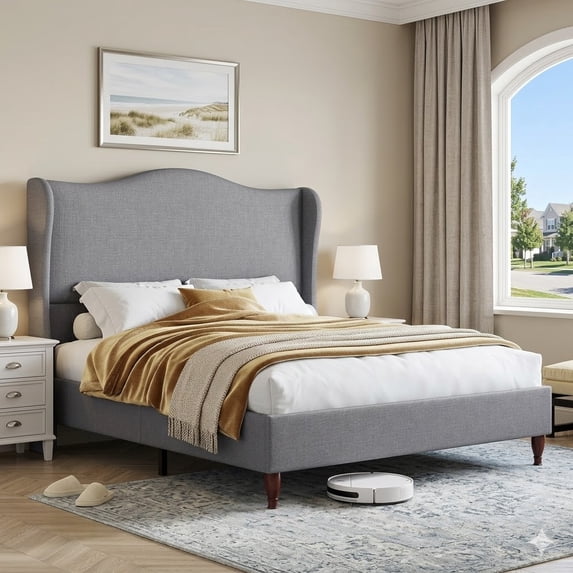 Neche Full Upholstered Bed Frame with 51" Tall Headboard Classic Curved Wingback Platform Bed with Soft Fabric, Retro Simple Sleigh Bedframe No Box Spring Needed/Easy Assembly, Light Grey