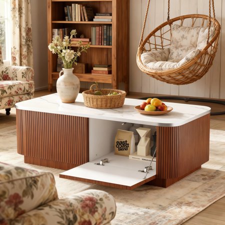 39.5 inch Modern Coffee Table for Living Room, Wood Center Table with Storage, Walnut