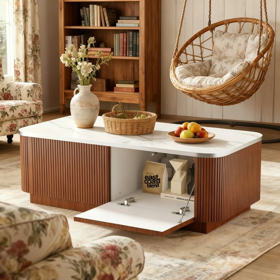 39.5 inch Modern Coffee Table for Living Room, Wood Center Table with Storage, Walnut