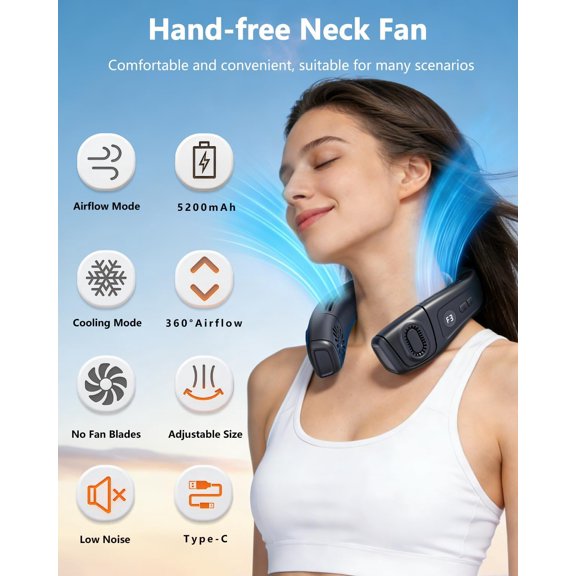 Neck Air Conditioner with 6 Adjustable Levels, Cooling Plate, 5200mAh Portable Rechargeable Wearable Personal Fan