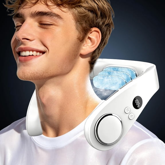 Neck Fan with Cooling Plate,Powerful Cooling 5500mAh 24H Long Battery,5 Speeds Portable AC Cooler Function,LED Display USB Hands Free Bladeless Wearable for Men Women Kids Office Home Travel Azure