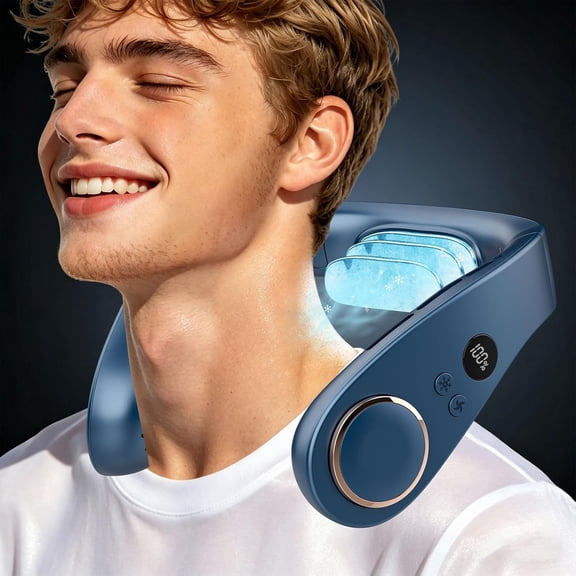 Neck Fan with Cooling Plate,Powerful Cooling 5500mAh 24H Long Battery,5 Speeds Portable AC Cooler Function,LED Display USB Hands Free Bladeless Wearable for Men Women Kids Office Home Travel Azure