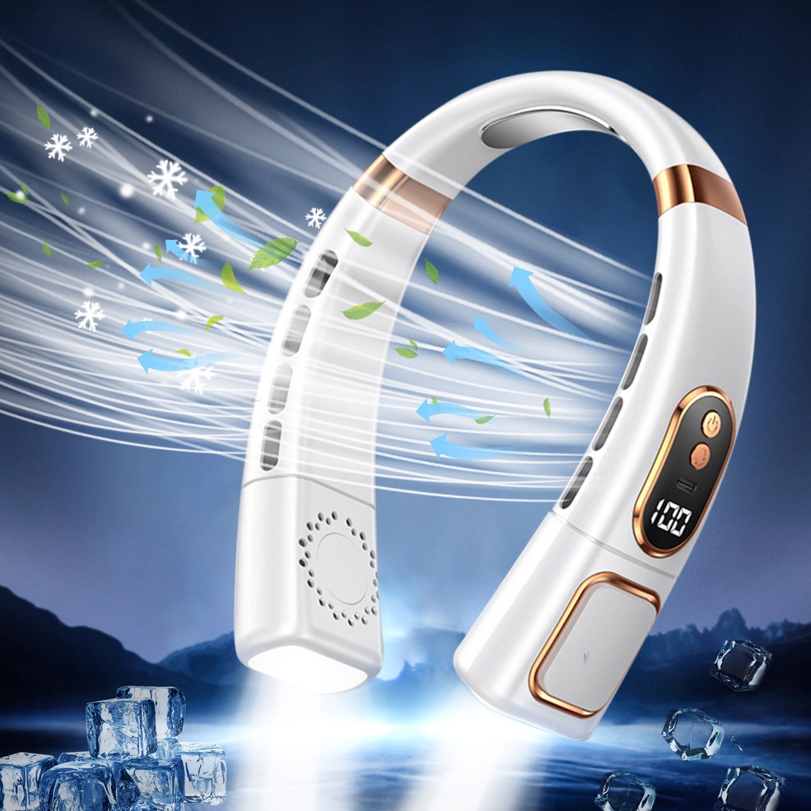 Neck Fans That Blow Cold Air,Portable Personal Neck Fans,USB Digital Display Silicone Fan Silent Sports Portable Leaf Less Electric Fan Hanging Neck Lazy Portable Outdoor Fan with Colorful Lighting