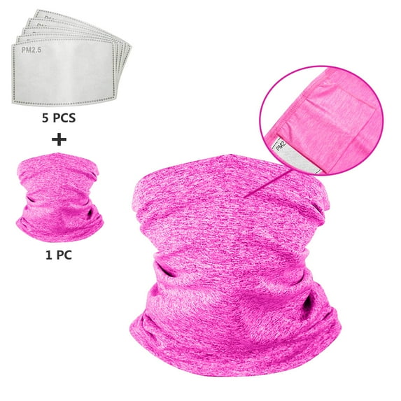 Neck Gaiter Bandana with Filters, Multi-Purpose Sun UV Dust Wind Proof Balaclava Face Mask Tube Scarf with 5PCS PM2.5 Activated Carbon Filter Replacements for Men and Women, Pink