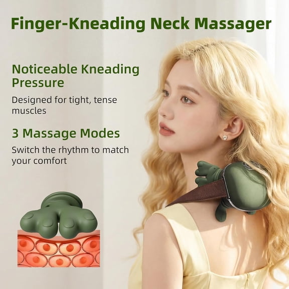 Neck Massager with Finger Kneading, Deep Tissue Neck & Shoulder Massager, 4D Palm-Kneading Massage with Heat, Wearable Strap, Gentle Warmth for Stress & Tension Relief