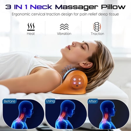 Neck Massager with Heat, 3-in-1 Electric Cervical Neck Massager for Pain Relief, Ergonomic Neck and Shoulder Relaxer Stretcher with Adjustable Vibration Massage, Brown