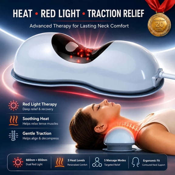 Neck Massager with Heat, 660nm & 850nm Red Light, Dynamic Cervical Traction Device with 3 Heat Levels & 5 Massage Modes, 8000mAh Rechargeable Neck Stretcher for Neck & Shoulder Relaxation