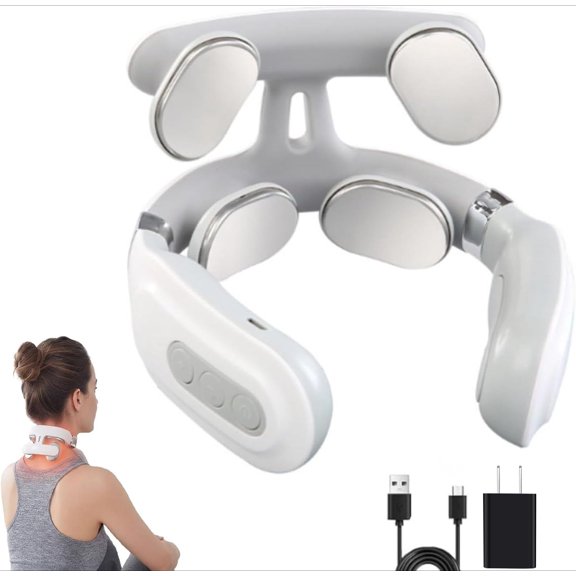 Neck Massager, Portable Neck Relaxation Device, 4-Head Portable Neck Massage with 6 Vibration Modes & 15 Intensity Levels, Ergonomic Design Promote Muscle Relaxation