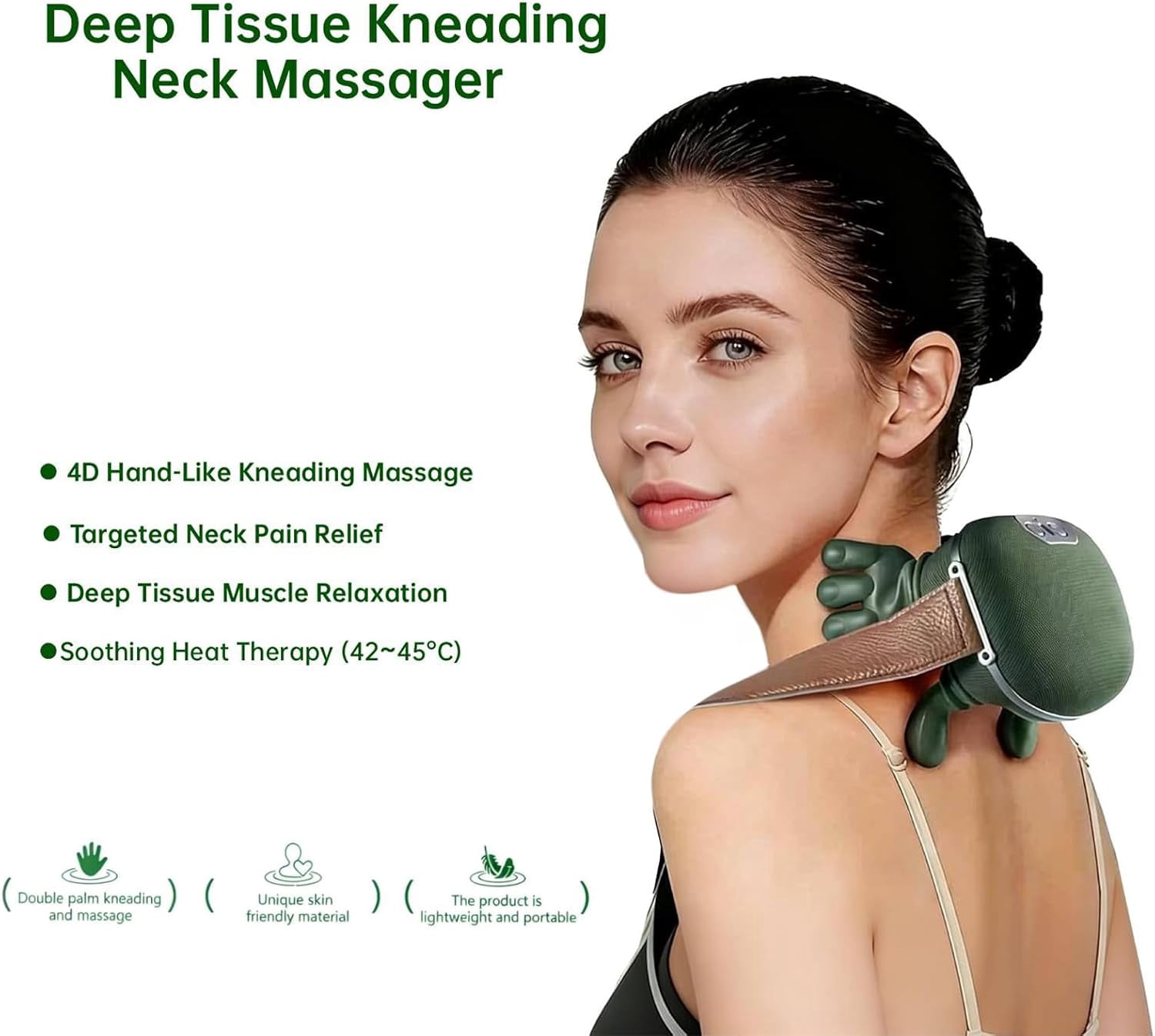 Neck Massager with Heat, 4D Deep Tissue Shiatsu for Pain , Electric Cervical Shoulder Back Muscle Relaxation (Green)