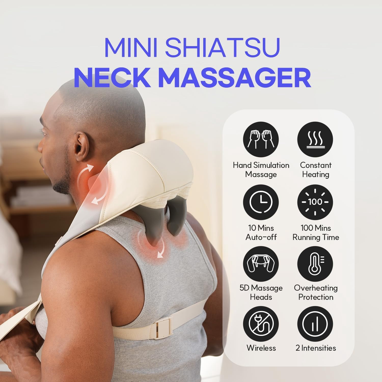 Neck Massager with Heat and Compression - Cordless Electric Deep Tissue Kneading for Pain Relief