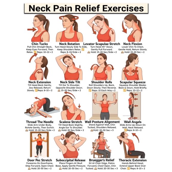 Neck Pain Relief Exercises poster Neck Tension Stretches, Tech Neck Posture Correction Chart Rounded Shoulder & Upper Back Desk Stretch Poster