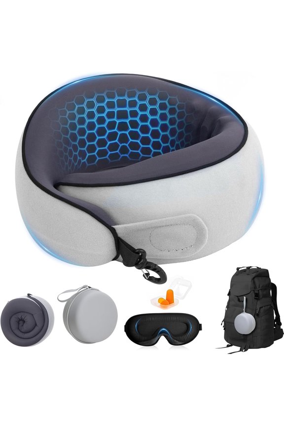 Neck Pain Travel Pillow with 360 Full Support for Rest, Compact Neck Airplane Pillow for Car, Office, Long Flight Kit with ed 3D Eye Mask, Earplugs & Portable Storage Box