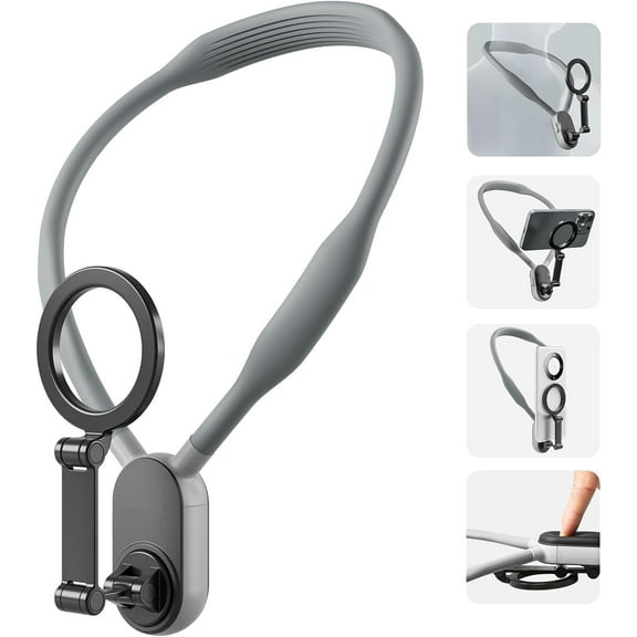 Magnetic Neck Mount for Phones, Neck Cell Phone Holder POV/Vlog Selfie Mount Hand Free Phone Neck Holder Chest Stand Strap Video Recording for iPhone 16 15 14 13 12 Seires Android Phones Gray