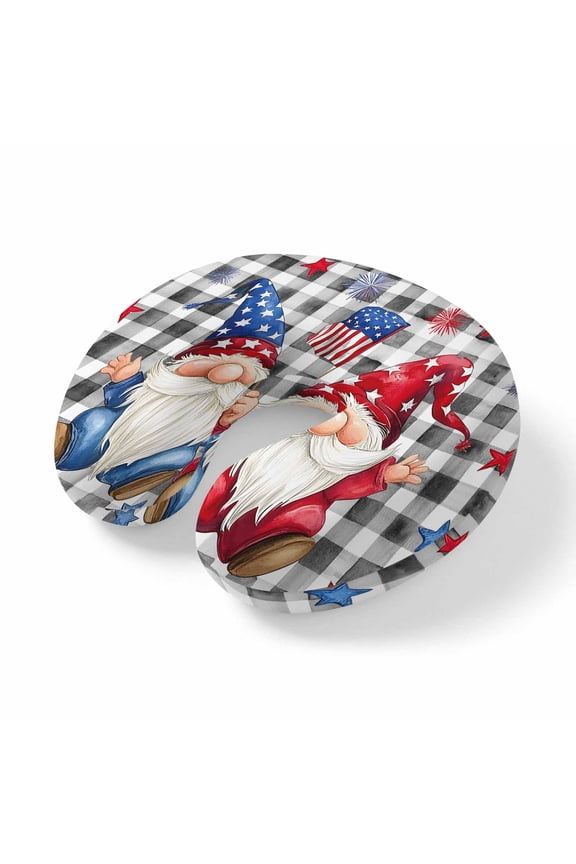Neck Pillow 4th of July Gnome Pentagram USA Flag Travel Pillow Memory Foam U Shaped Pillows, Black White Plaid Travel Neck Pillows for Airplane Car Office Home Sleeping Rest